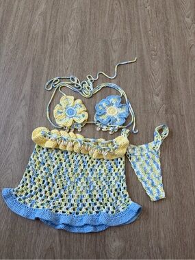 Handmade Yellow & Blue Crochet Kids Bikini Set size XS
